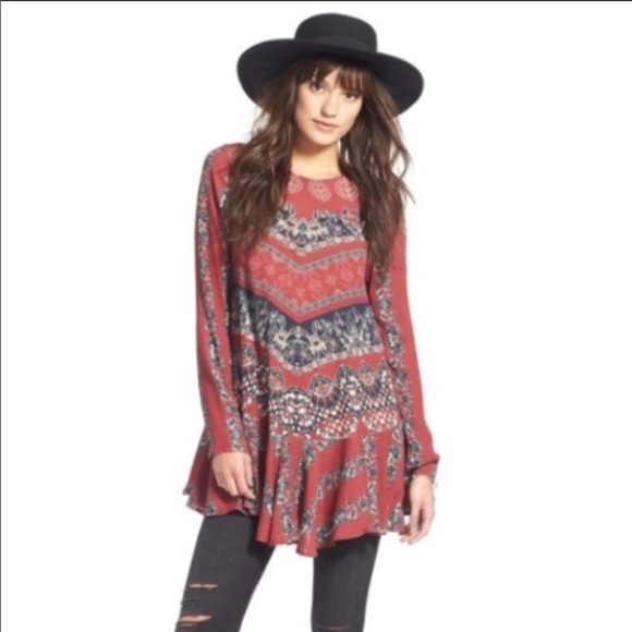Free People Tops - FREE PEOPLE SMOOTH TALKER RED COMBO TUNIC DRESS
